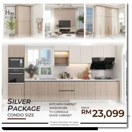 SILVER PACKAGE CONDO SIZE KITCHEN CABINET WARDROBE  TV CONSOLE SHOE CABINET  *Product Warranty T&C Apply www.homadesign.com.my RM23,099 RM23,099 PRICE